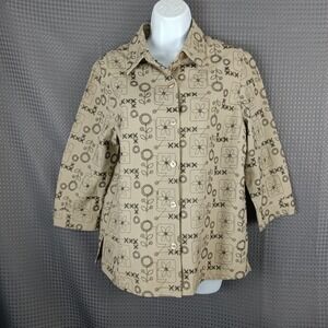 Alfred Dunner Tan Black Embroidered Floral Button Front 3/4 Sleeve Shirt Top